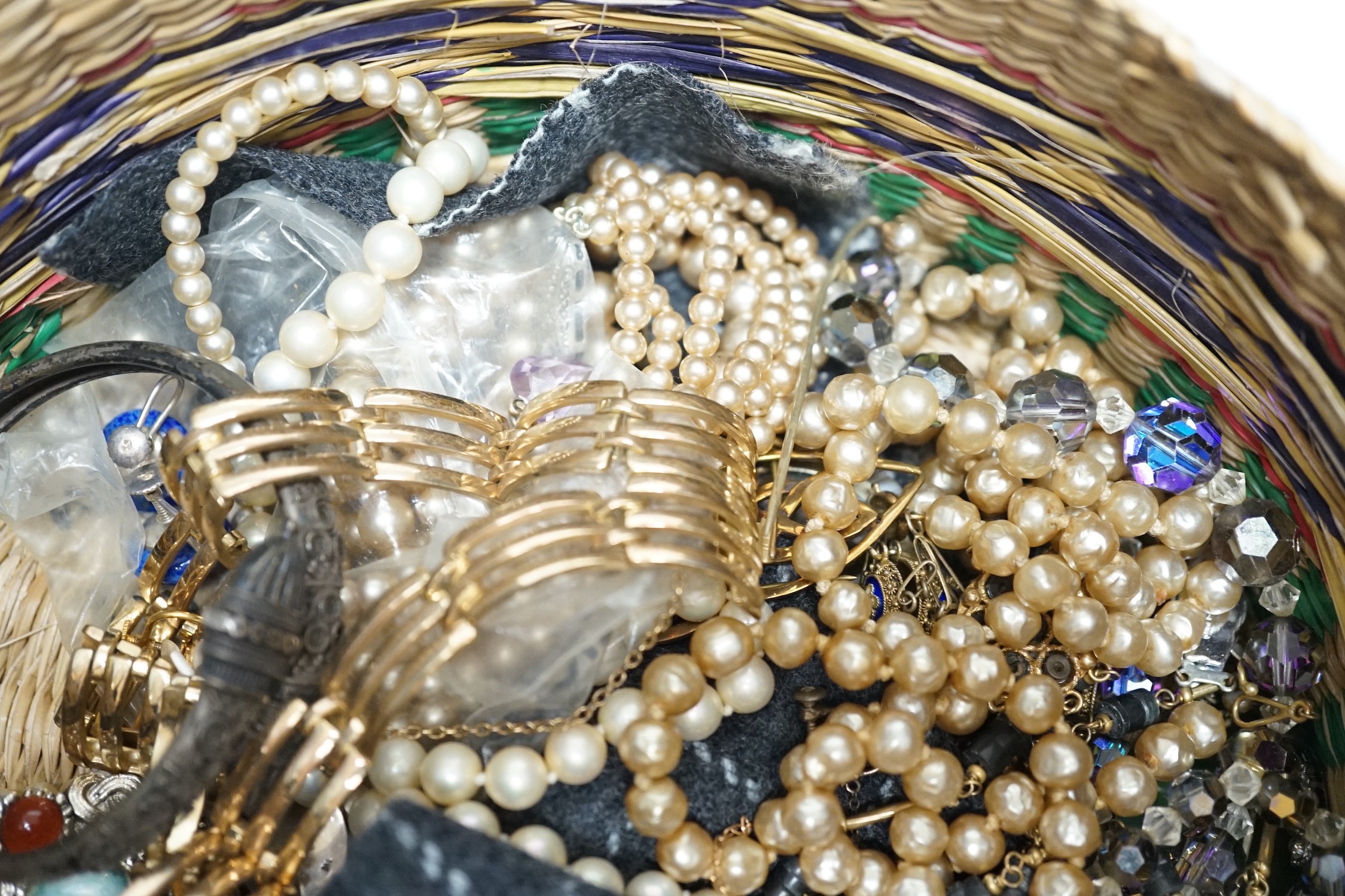 Assorted jewellery including mainly costume, including lapis lazuli necklace, gold plated half hunter pocket watch etc.